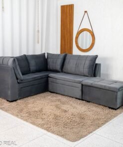 Sofá Canto 5 lugares com Puff Viena Veludo Grafite A15