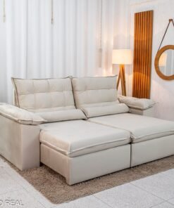 Sofá Retrátil Reclinável Emanuelly Veludo Bege 01 Larg. 2.30m  - D28 Soft