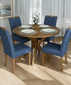 Mesa Redonda Simpatia 108 Cinamomo com 4 Cadeiras Sophia Veludo Azul – JCM MOVELARIA + WM DECOR
