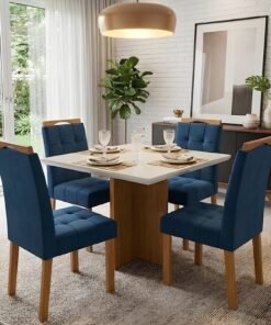 Mesa Salinas/Helô/Los Angeles 90 Cinamomo/Off White com 4 Cadeiras Sophia Veludo Azul – CEL MÓVEIS + WM DECOR
