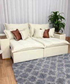 Sofá Retrátil Reclinável Gabriela 2,10m - Bege Linho/Marrom Courino