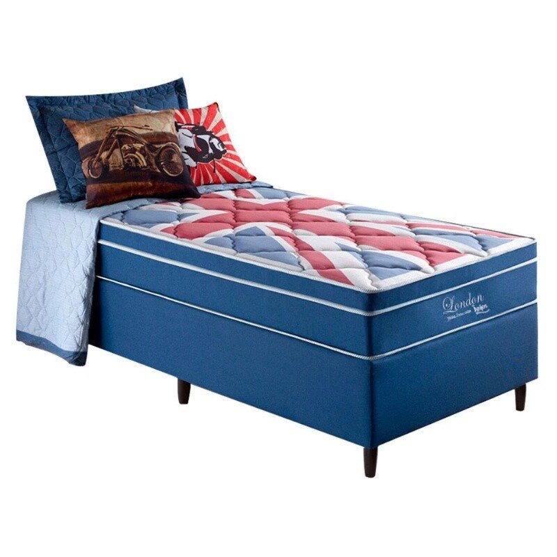 Box Azul + Colchão Solteiro London Molas Superlastic 88x188x68 Anjos - Imagem 2