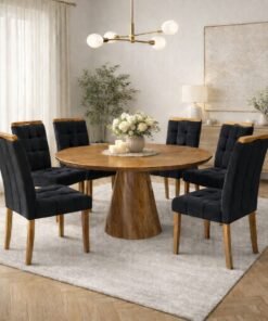 Mesa Redonda Malva 130 Mel com 6 Cadeiras Sophia Veludo Preto – J SILVA MÓVEIS + WM DECOR