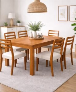 Mesa Athenas 180 Amêndoa Clean com 6 Cadeiras Turquia Mel/Linho Palha 311A  – LOPAS + HR MOVELARIA