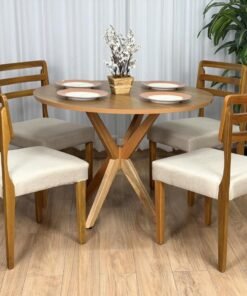 Mesa de Jantar Circular Simpatia 1.08x1.08 c/4 Cadeiras Turquia - Cinamomo/Bege Linho