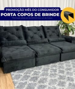 Sofá Retrátil Reclinável Porto Madeiro 2.70m- Preto Veludo