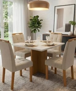 Mesa Salinas/Helô/Los Angeles 90 Cinamomo/Off White com 4 Cadeiras Sophia Veludo Bege – CEL MÓVEIS + WM DECOR