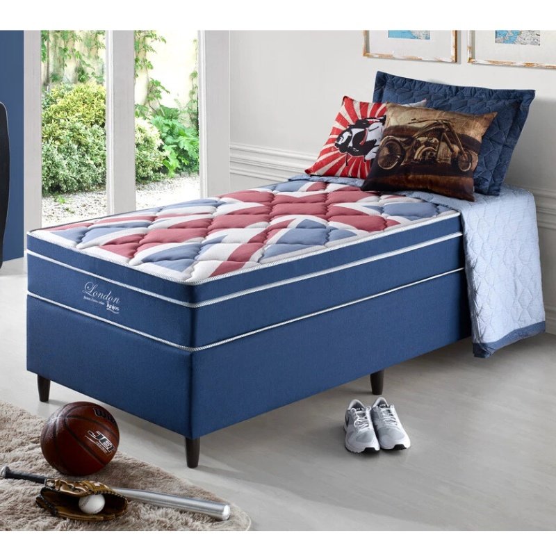 Box Azul + Colchão Solteiro London Molas Superlastic 88x188x68 Anjos