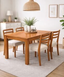 Mesa Athenas 120 Amêndoa Clean com 4 Cadeiras Turquia Mel/Linho Palha 311A  – LOPAS + HR MOVELARIA
