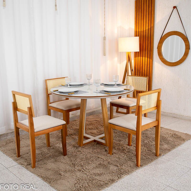 Mesa de Jantar Atlanta Redonda 120cm Cinamomo/Vidro Off 4 Cad. Santorini Linho Bege Madeira Maciça - Minas Plac