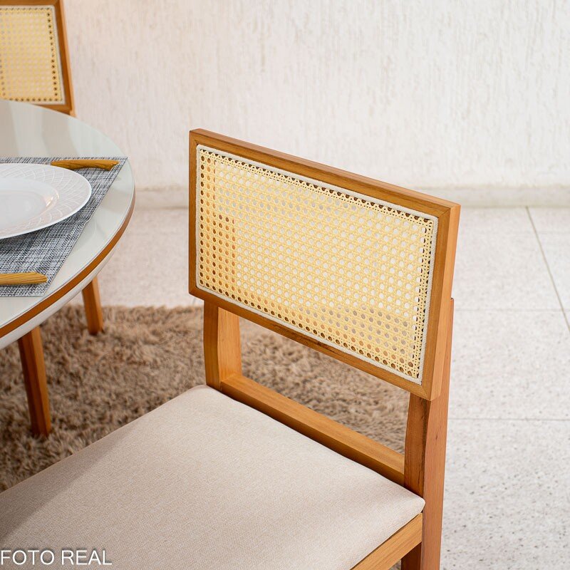 Mesa de Jantar Atlanta Redonda 120cm Cinamomo/Vidro Off 4 Cad. Santorini Linho Bege Madeira Maciça - Minas Plac - Imagem 5