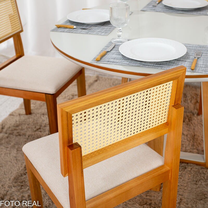 Mesa de Jantar Atlanta Redonda 120cm Cinamomo/Vidro Off 4 Cad. Santorini Linho Bege Madeira Maciça - Minas Plac - Imagem 6