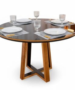 Mesa de Jantar Atlanta Redonda 120cm Vidro Preto/Base Madeira - Minas Plac