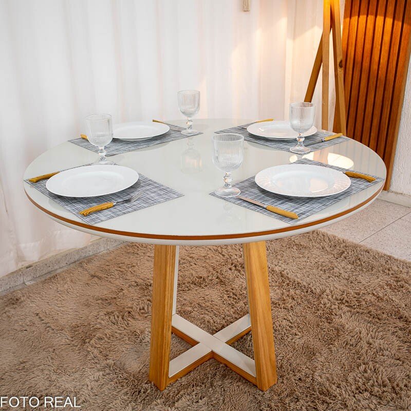 Mesa de Jantar Atlanta Redonda 120cm Cinamomo/Vidro Off 4 Cad. Santorini Linho Bege Madeira Maciça - Minas Plac - Imagem 8