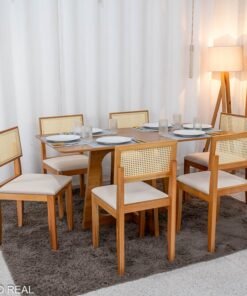 Mesa de Jantar Dubai 160x80 Tampo Londres Cinamomo Cel Móveis + 6 Cad. Santorini Linho Bege Madeira - Minas Plac