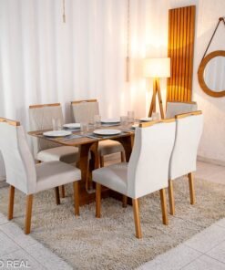 Mesa de Jantar Dubai Tampo Londres Cinamomo 160x80 6 Cadeiras Lisboa Veludo Bege 512 Madeira Maciça