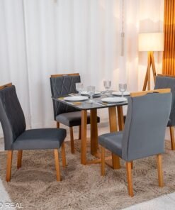 Mesa de Jantar Pedro Mel Vidro Grafite 90×90 4 Cadeiras Lisboa Veludo Grafite 507 Madeira Maciça Art Assento - Entregue Montada