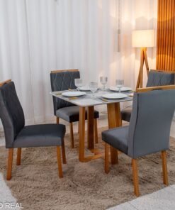 Mesa de Jantar Pedro Mel Vidro Off 90×90 4 Cadeiras Lisboa Veludo Cinza 507 Madeira Maciça Art Assento - Entregue Montada