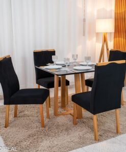 Mesa de Jantar Pedro Mel Vidro Preto 90×90 4 Cadeiras Lisboa Veludo Preto 504 Madeira Maciça Art Assento - Entregue Montada
