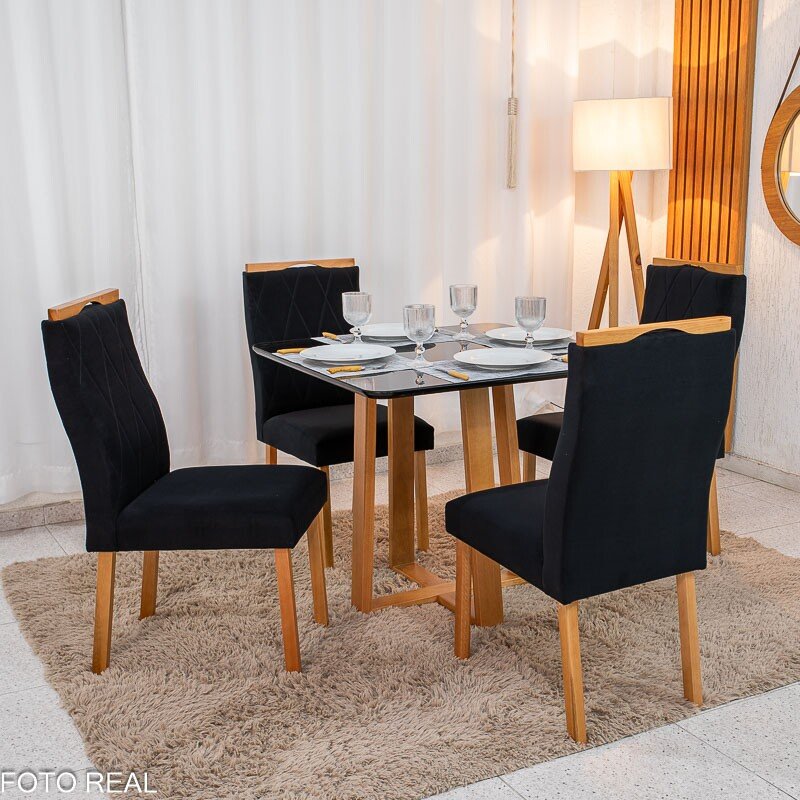 Mesa de Jantar Pedro Mel Vidro Preto 90×90 4 Cadeiras Lisboa Veludo Preto 504 Madeira Maciça Art Assento - Entregue Montada