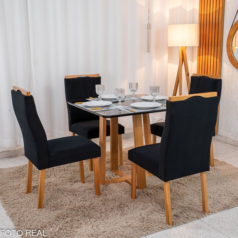Mesa de Jantar Pedro Mel Vidro Preto 90×90 4 Cadeiras Lisboa Veludo Preto 504 Madeira Maciça Art Assento - Entregue Montada - Imagem 3