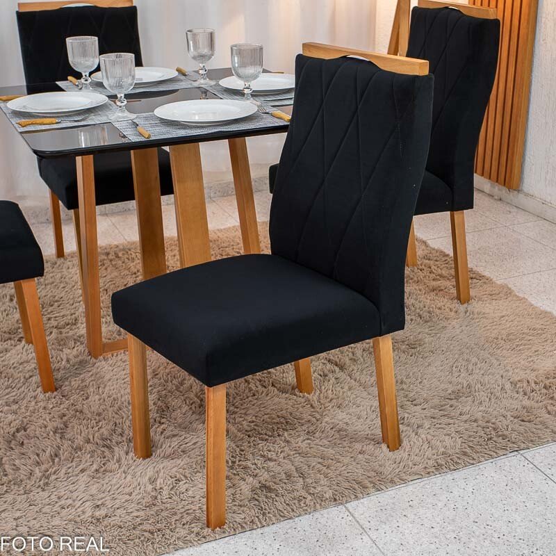 Mesa de Jantar Pedro Mel Vidro Preto 90×90 4 Cadeiras Lisboa Veludo Preto 504 Madeira Maciça Art Assento - Entregue Montada - Imagem 4