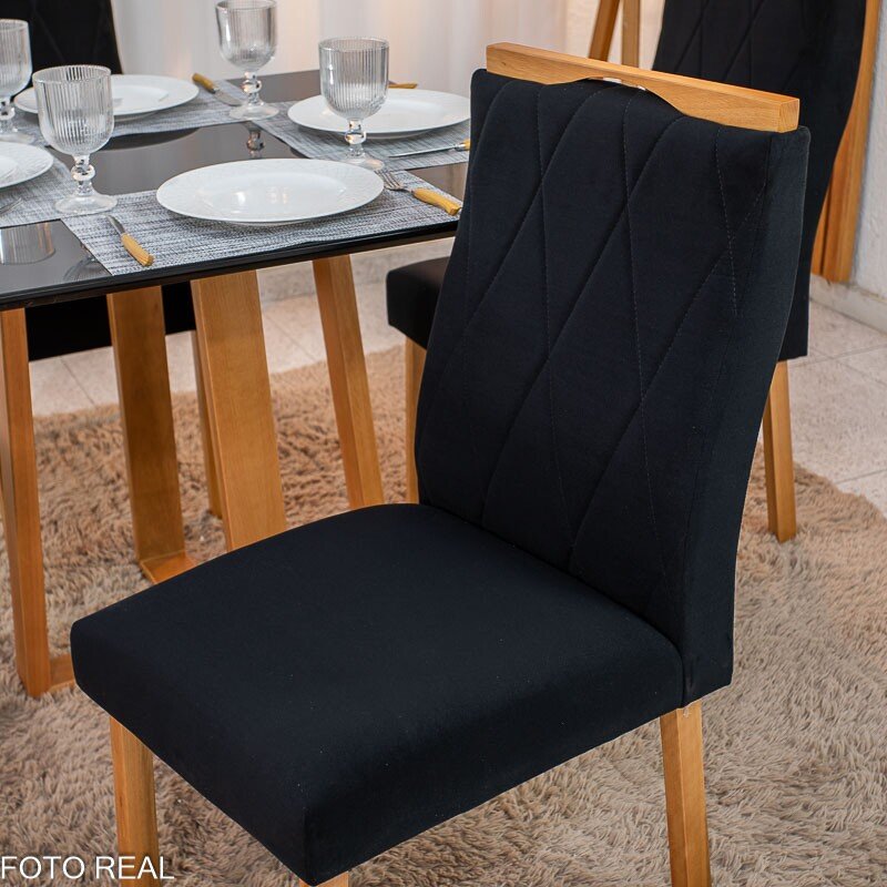 Mesa de Jantar Pedro Mel Vidro Preto 90×90 4 Cadeiras Lisboa Veludo Preto 504 Madeira Maciça Art Assento - Entregue Montada - Imagem 5