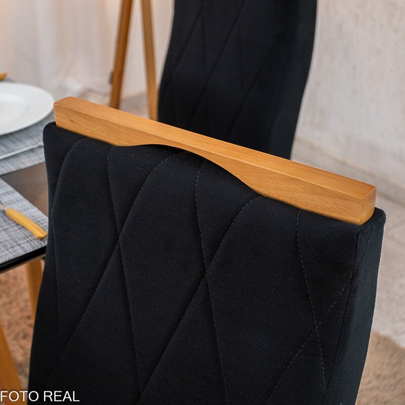 Mesa de Jantar Pedro Mel Vidro Preto 90×90 4 Cadeiras Lisboa Veludo Preto 504 Madeira Maciça Art Assento - Entregue Montada - Imagem 6