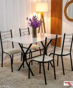 Mesa Paraty Base Cabo Frio Preto Tampo Pedra Off 120x75 4 Cadeiras Paraty Assento Creme - Teixeira