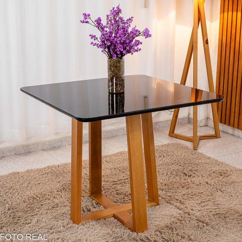 Mesa de Jantar Pedro Mel Vidro Preto 90×90 4 Cadeiras Lisboa Veludo Preto 504 Madeira Maciça Art Assento - Entregue Montada - Imagem 7
