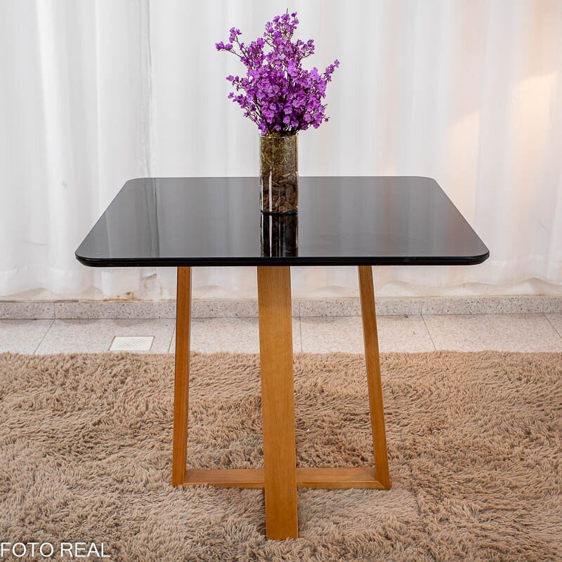 Mesa de Jantar Pedro Mel Vidro Preto 90×90 4 Cadeiras Lisboa Veludo Preto 504 Madeira Maciça Art Assento - Entregue Montada - Imagem 8