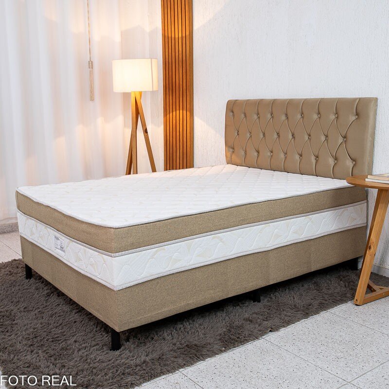 Cama Box Casal Sonho Bom Premium Ortopédica D33 138x188x62 - Nosso Sonho + Painel Cabeceira Lavínia Veludo Bege | Suporta até 250kg