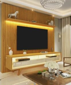 Rack Requinte Naturale/off Larg. 1.72m + Painel Nobre Naturale Ripado C/ Led 100% MDF TV até 85 Polegadas Larg. 1.85m - Gelius