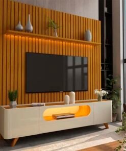 Rack Nobre Off/Naturale Larg. 2.10m + Painel Nobre Naturale Ripado C/ Led 100% MDF TV até 85 Polegadas Larg. 2.30m - Gelius