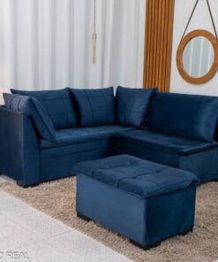 Sofá Canto 5 lugares com Puff Viena Veludo Azul A16