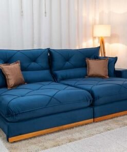 Sofá Retrátil Reclinável Gran Bello 2.90m Veludo Azul - Molas Ensacadas Pocket