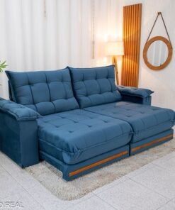 Sofá Retrátil Reclinável Barcelona 2.50m Veludo Azul 325 - D33 e Molas Ensacadas