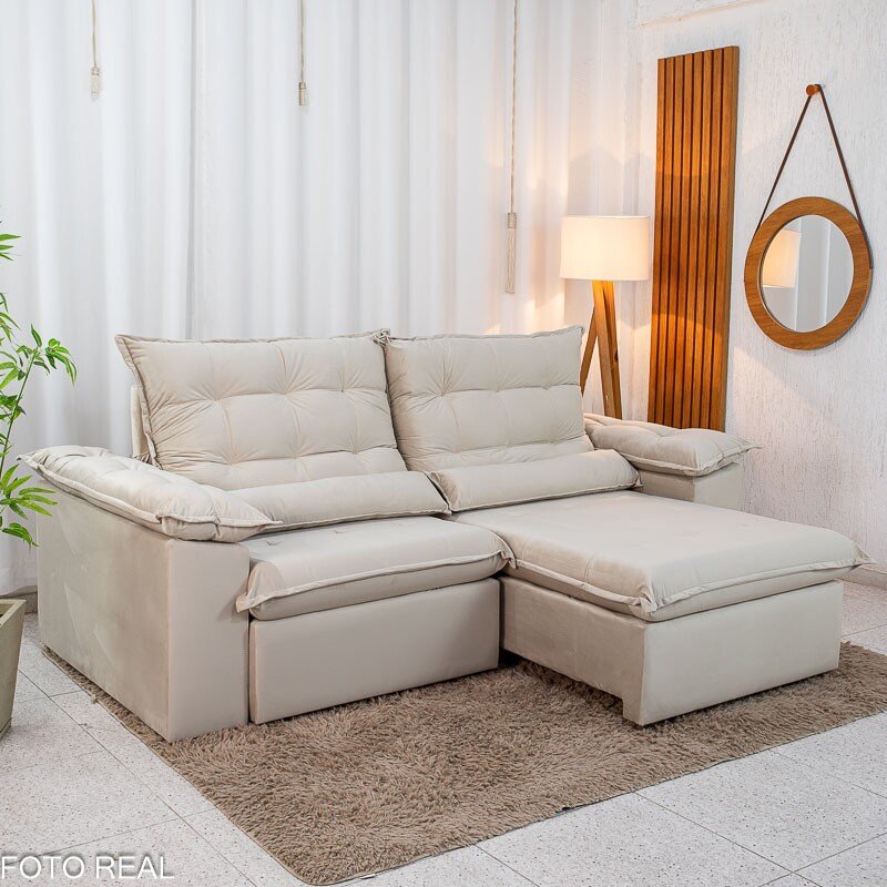 Sofá Retrátil Reclinável Emanuelly Veludo Bege 01 Larg. 2.30m - D28 Soft - Imagem 6