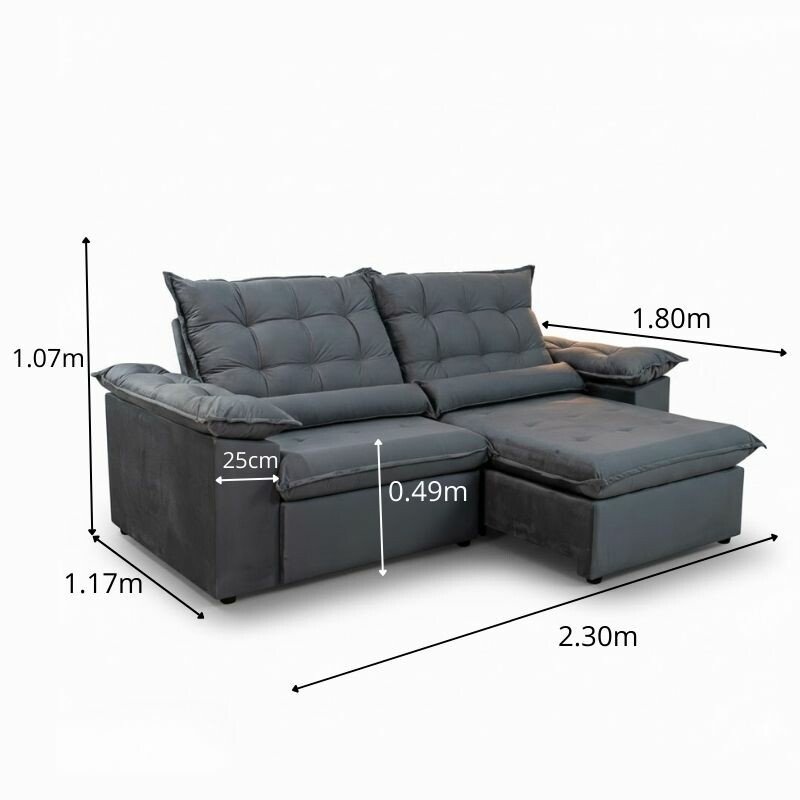 Sofá Retrátil Reclinável Barcelona 2.30m Veludo Cinza 319 - D33 e Molas Ensacadas - Imagem 11