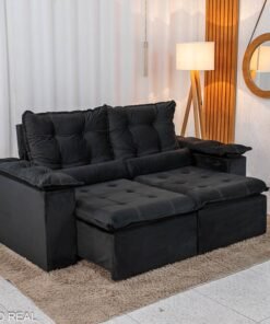 Sofá Retrátil Reclinável Grécia Veludo Preto Larg. 2.00m - Sem caixa