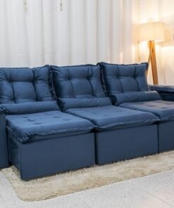 Sofá Retrátil Reclinável Grécia Veludo Azul Larg. 2.70m  - Sem Caixa
