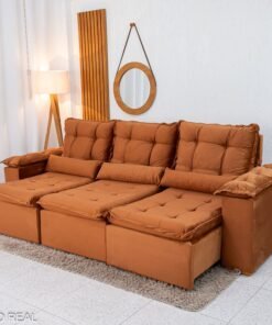 Sofá Retrátil Reclinável Grécia Veludo Terracota Larg. 2.70m  - Sem Caixa