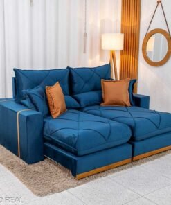 Sofá Retrátil Reclinável Gran Bello 2.00m Veludo Azul - Molas Ensacadas