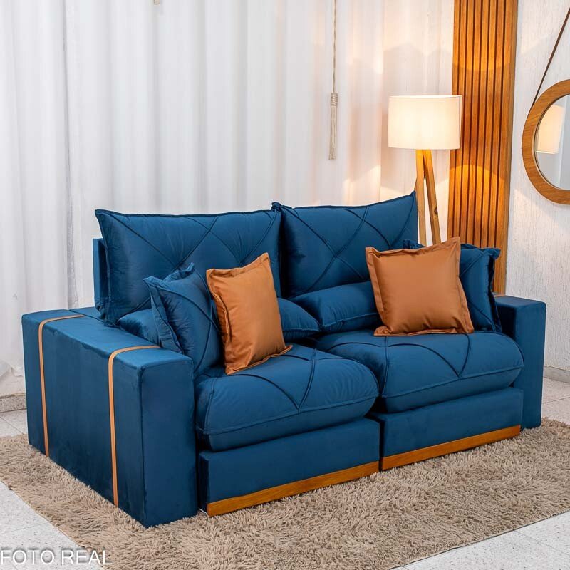 Sofá Retrátil Reclinável Gran Bello 2.00m Veludo Azul - Molas Ensacadas - Imagem 3