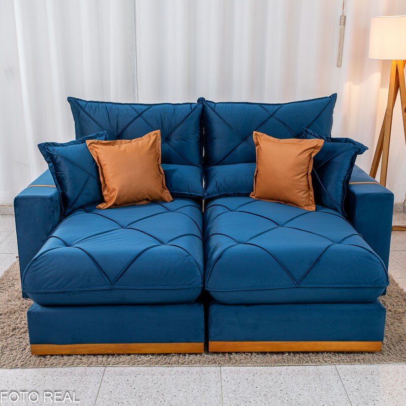 Sofá Retrátil Reclinável Gran Bello 2.00m Veludo Azul - Molas Ensacadas - Imagem 5