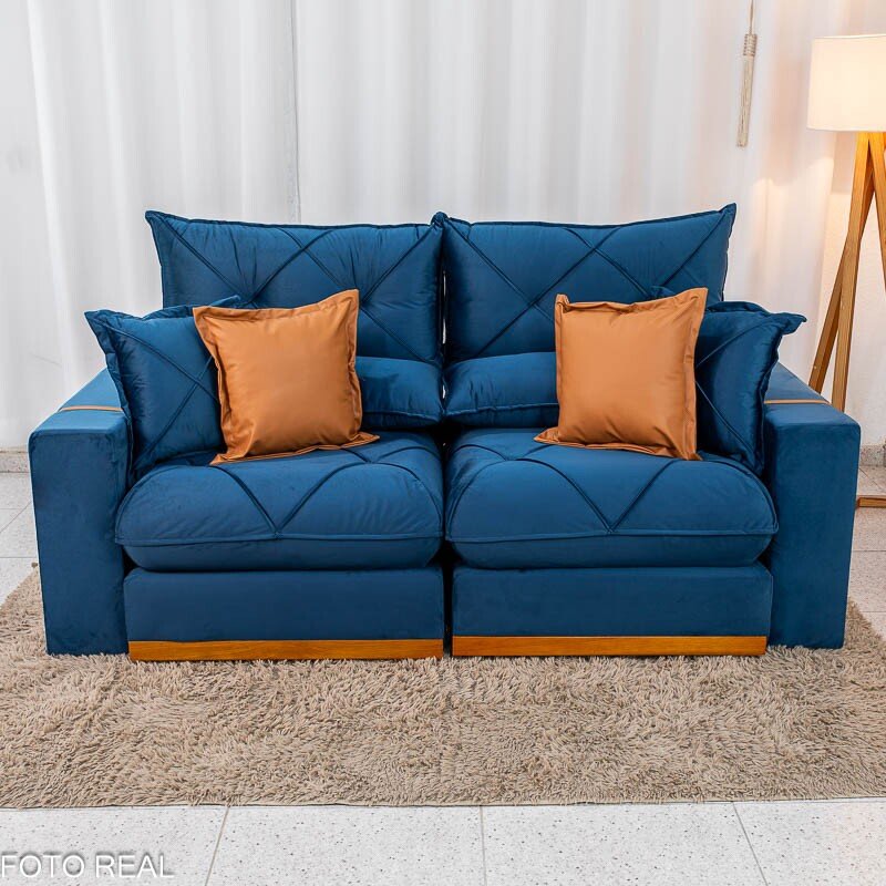 Sofá Retrátil Reclinável Gran Bello 2.00m Veludo Azul - Molas Ensacadas - Imagem 6