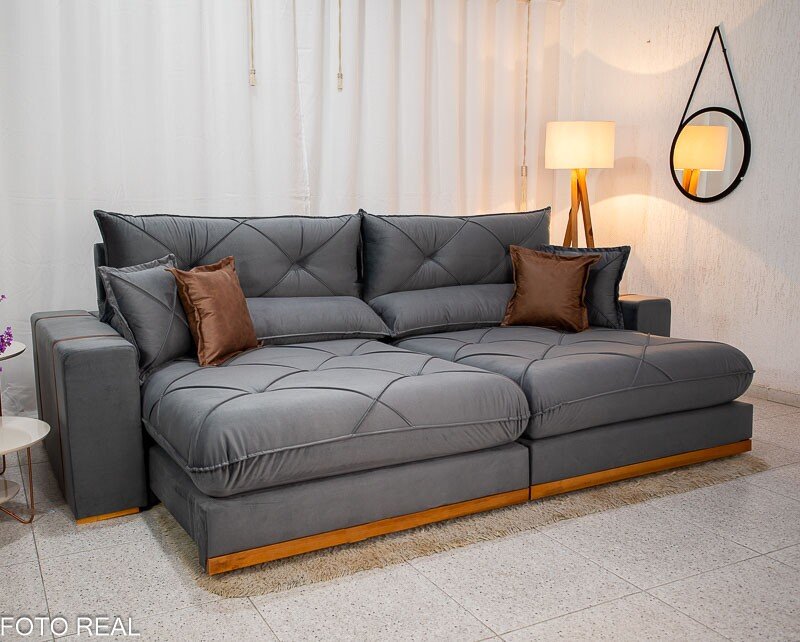 Sofá Retrátil Reclinável Gran Bello 2.90m Veludo Cinza 20 - Molas Ensacadas Pocket