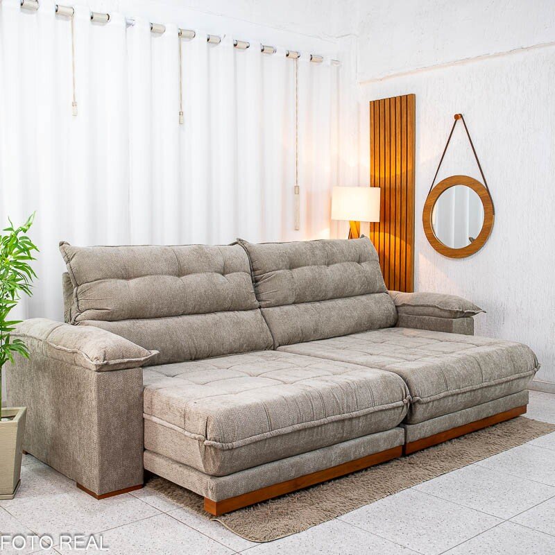 Sofá Retrátil Reclinável Itauna 2.90m Chenille Bege 574 D28 Soft - Molas Ensacadas