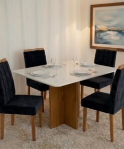 Mesa Salinas 120 (Tampo Londres c/vidro) Cinamomo/Off White com 4 Cadeiras Las Vegas Veludo Preto 13 – CEL MÓVEIS + OURO
