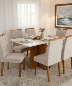 Mesa Salinas 160 (Tampo Londres c/vidro) Cinamomo/Off White com 6 Cadeiras Las Vegas Veludo Bege 01 – CEL MÓVEIS + OURO DECOR